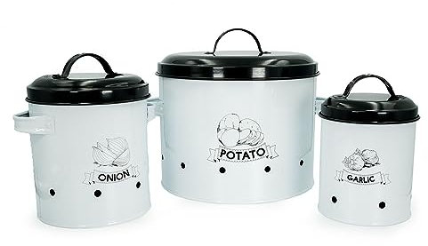 Intirilife Set de 3 boîtes à provisions avec couvercle et inscription en blanc - gris -Boîtes de conservation en métal 3 tailles pour le stockage de pommes de terre oignons légumes