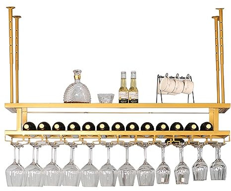 SAGIDAR Weinflaschenregal Und Stemware-Aufhänger, Weinglasregal Aus Metall Für Hausbar, Küche, 60cm-200cm, Höhe Einstellbar 35-52cm, Mehrschichtspeicher, Kratz- Und Verschleißfest