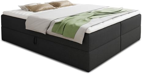 Sofnet Boxspringbett Base mit 2 Bettkästen - Doppelbett mit Bonell-Matratze und Topper, Polsterbett, Freistehendes Bett, Bettgestell, Schlafzimmer (Schwarz (Inari 100), 180 x 200 cm)