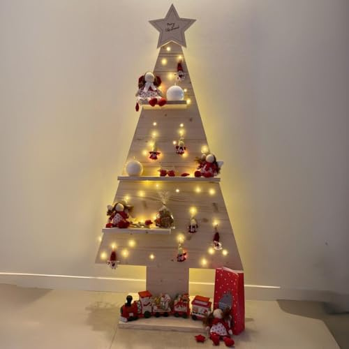 MAMI Albero di Natale, Alberello di Natale in Legno, Christmas Tree, Decorazioni Natalizie, 2 Dimensioni, con Mensole e Stella in Alto (180 x 80 cm)