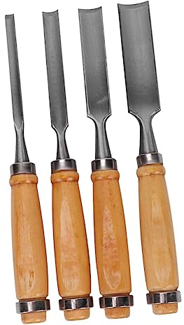 Set di 4 Scalpelli per Legno, Semicerchio, Acciaio e Legno | Resistente ai Colpi, Forte Rimozione dei Trucioli, per Intaglio e Falegnameria, Argento, Artigiani