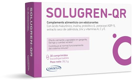 Solugren QR | 30 Comprimidos Bucodispersables | Complemento Alimenticio para el Cuidado Completo de la Cavidad Bucal con Vitaminas, Ácido Hialurónico, Caléndula, Zinc, Inulina y Probiótico