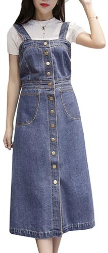 Yishengwan Vestito Salopette di Jeans Donna Botton Gonna in Denim Mid Lunga Jeans Overall Salopette con Tasche Blu 4XL