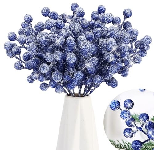 Geosar 30 púas artificiales de bayas de Navidad con copo de nieve con purpurina de acebo artificiales para adornos de árbol de Navidad, jarrones, manualidades, hogar, boda, fiesta, decoración de