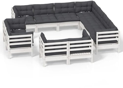 WEMYUFURN 11-TLG. Garten-Lounge-Set mit Kissen Weiß Massivholz Kiefer, Outdoor-Sitzgruppe, Terrassen-Lounge-Set, Garten-Couchgarnitur - Wetterbeständig, Komfortabel - für Terrasse, Garten und Balkon