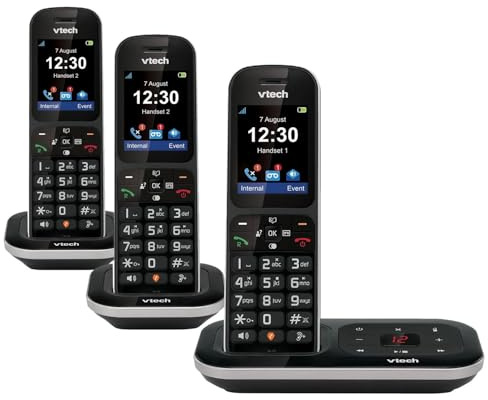 VTech PS1350 Trio DECT Cordless Landline Phone with Answer Machine, Call Blocker, 2.4 Colour Display, Caller ID, Handsfree Speakerphone, 60-Minute Digital Answering Machine, Black