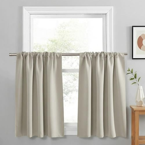 PONY DANCE Natural Short Thermal Curtains & Drapes - Rod Pocket Top Energy Saving Noise Reducing Small Room Darkening Curtain Panels for Kitchen Bedroom, 42 Wide x 36 Inches Long, 2 PCs