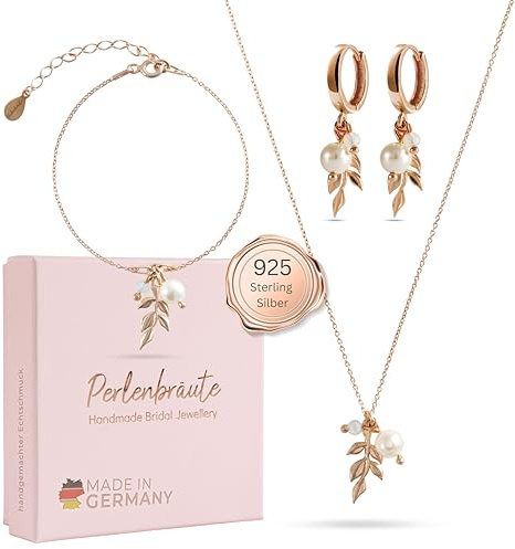 Schmuck mit Perlen Hochzeit – premium 925 Silber Schmuckset & Ohrringe Braut – hochwertiger Brautschmuck Perlen – Damen Schmuck gold Braut – Brautohrringe, Schmuckset Hochzeit Blatt