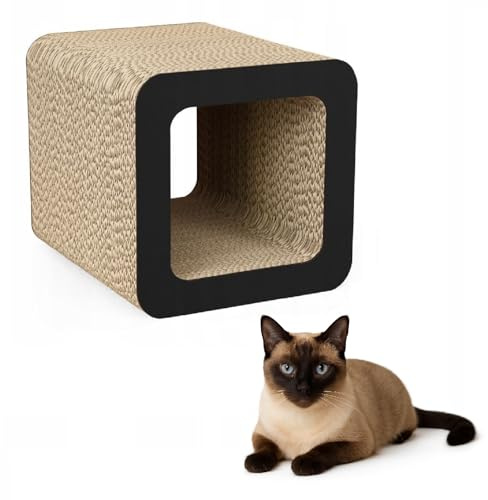 QLS Katzenmöbel aus Wellpappe – 37×30×30 cm – Kratzbrett, Katzenhöhle, Liegeplatz mit Katzenspielzeug & Katzenminze (Schwarz)