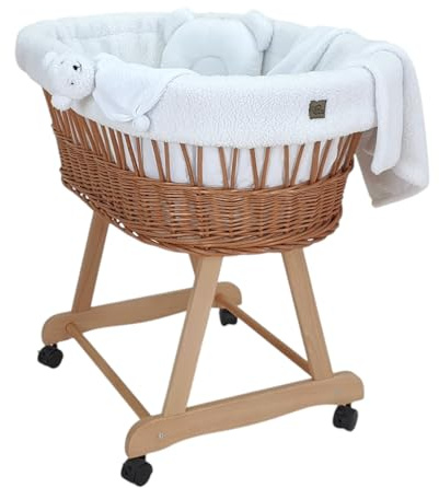 Wiklinopol Stubenwagen Amelia – Handgeflochtener Moseskorb Natur mit Gestell & Matratze – 5-teiliges Teddy-Bettset Weiß – Tragbarer Babykorb mit Rollen – Ideal für Neugeborene