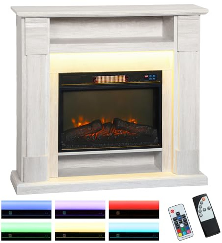 HOMCOM Camino Elettrico con Cornice Effetto Fiamma 3D Realistico 3 Modalità, 1800W Caminetto Elettrico da Incasso con Luce LED e Riscaldamento Regolabile, 2 Telecomandi, Termostato, Timer, Color Legno