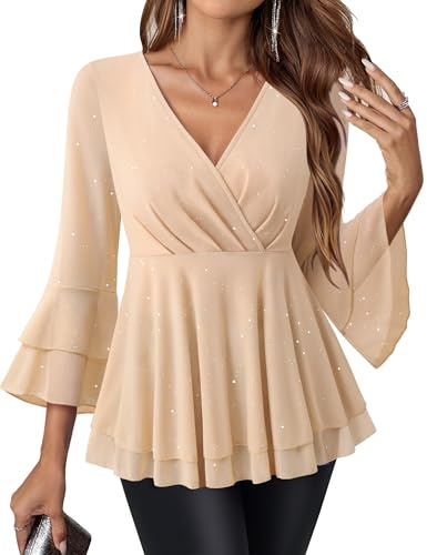 Vafoly Pailletten Oberteil Damen Festival Gold: Glitzer Tunika Shirt Elegant Frauen 3/4 Ärmel Blusen Tunika Business Casual Career Tops Damen Dressy Formal Shirts Herbst Winter Champagner XL
