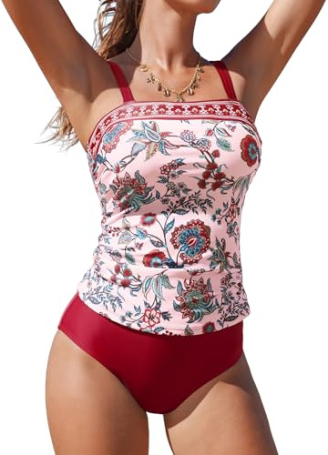 CUPSHE Conjunto de tankini de dos piezas para mujer, cuello cuadrado, tirantes ajustables, trajes de baño fruncidos, S