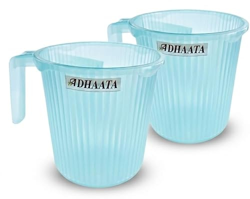 ADHAATA Bath Mug 1.5 Liter Capacity, Ribbed Design Bathroom Mug with Handle (Pack of 2) (Light Blue)