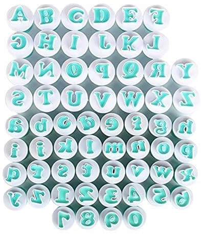 boquillas Juego de 62 moldes de plástico for galletas con letras mayúsculas, minúsculas y números, sellos for fondant, cortadores de galletas y moldes pasteleras
