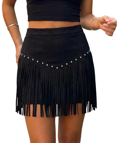 Edhomenn Womens Cowgirl Fringe Skirt Country Concert Outfit Faux Suede Western High Waist Mini Skirt Summer Dance Rave Festival Clothes (01 Black, M)