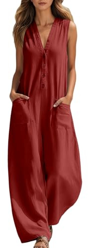 Salopette Larghe da Donna Senza Maniche Scollo a V Elegante Tuta Lunghi Tutina Jumpsuit Gamba Allentata con Tasche Tuta da Donna in Cotone e Lino Pantaloni Lunghi con Bottoni ideale per l'estate