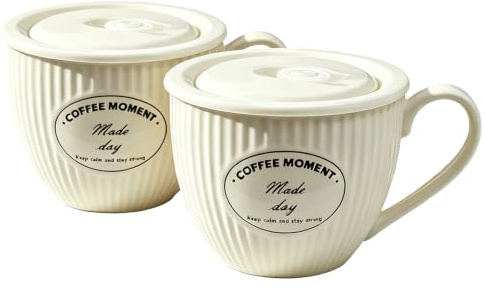 Senaire 2Pack Ceramic Soup Mug with Lid, 700mL Soup Cup with Handle, Large Capacity Microwave Porridge Bowl for Breakfast, Noodle, Oatmeal, Cereal, Salad, Ramen, Yogurt, Housewarming Gift (White)