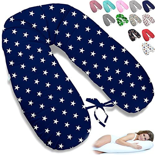 ekm trade 170cm XXL Stillkissen Schwangerschaftskissen Lagerungskissen Seitenschläferkissen große Farbwahl Handmade Baumwolle 100% aus Zertifizierte Materialien (3 – Marineblau – Weiße Sterne)