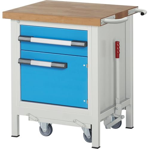 eurokraft | Fahr- und absenkbare Werkbank | Gestellbauweise Serie 8000 | 1 Schublade | 1 Tür | Ablageboden | BxT 750 x 700 mm