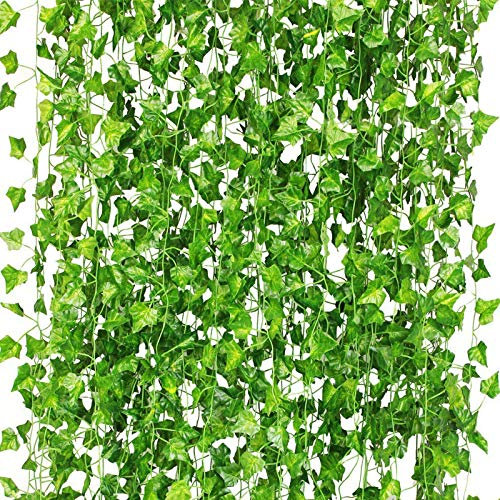 CQURE 12Pcs 84Ft Artificial Ivy Garland,Ivy Garland Fake Vines UV Resistant Green Leaves Fake Plants Hanging Vines for Wedding Party Garden Wall Room Decor