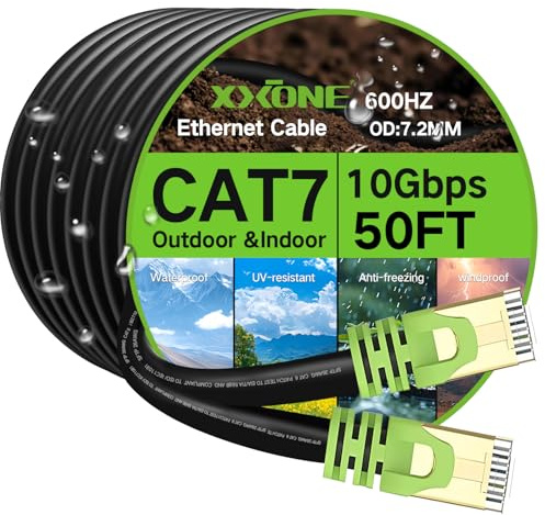 XXONE Cable Ethernet Cat 7 para exteriores de 50 pies, cable de conexión de red Cat7 de 26 AWG, velocidad de transmisión RJ45, ancho de banda de transmisión de 10 Gbps, 600 MHz, cable LAN SFTP
