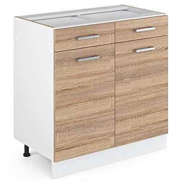 Vicco Küchenunterschrank R-Line, Sonoma, 80 cm | 2 Schubladen · Ohne Arbeitsplatte · Höhenverstellbare Füße · 2 Türen · ✓ Leichter Zugriff