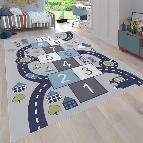 Paco Home Kinder-Teppich Für Kinderzimmer, Spiel-Teppich Mit Hüpfkästchen und Straßen rutschfest Grau, Grösse:140x200 cm