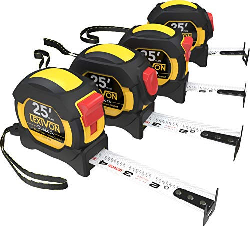 LEXIVON [4er-Pack] 7,5 m Maßband, DuaLock & AutoLock | 2,5 cm breite Klinge mit Nylonbeschichtung, mattes Finish weiß & gelb doppelseitiger Linealdruck | Ft/Zoll/Brüche/metrisch (LX-204) X2)