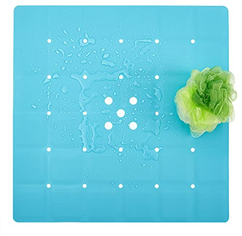 Webos Shower Mat Non Slip: Silicone Foldable no Suction Cups Bath Mats Machine Washable for Textured and Reglazed Shower Stall Safety Matt with Drain Holes Bathtub Mat (Blue, 21x21 Inches)