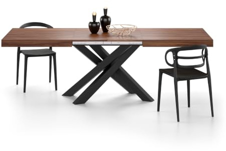 MOBILI FIVER, Ausziehbarer Esstisch Emma 160(240) x90 cm, Nussbaum Canaletto mit Schwarzen gekreuzten Beinen, Made In Italy