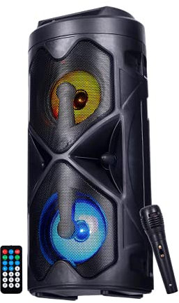 NK Mini Tower Altavoz de Suelo Portátil - Mini Torre de Sonido Bluetooth, 10W, Inalámbrico, Luces Led, Mando a Distancia, USB/AUX/FM, Modo Karaoke (Micrófono Integrado)