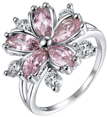 Tanduaji Anello Donna Fiore Placcato in Oro Bianco Fiori di Ciliegio, Rosa Zircone Anelli Gioielli di Moda Dimensione 22