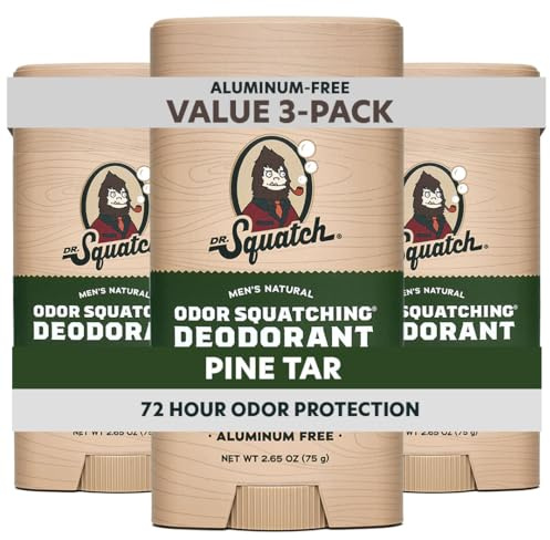 Dr. Squatch Natural Men’s Deodorant – Aluminum Free Natural Deodorant Men with Charcoal & Postbiotics for 72-Hour Odor Protection – Pine Tar, 2.65oz Stick (3-Pack)