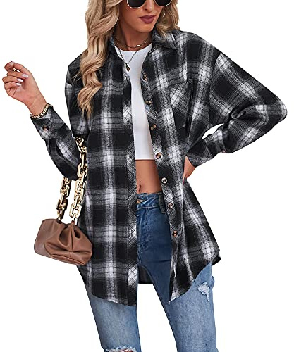 Buliezy Camicia Donna Blusa Quadri Camicia Flanella Manica Lunga Elegante Camicetta Classico Shirt Cotone Giacca Scozzese,Nero,L