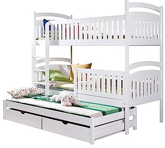 KEF Sofia Etagenbett Kinder 80x180 cm - Etagenbett 3 Personen - Holz Kinderbett - für DREI Kinder - mit Schubladen - Ausziehbares Drittes Bett - ohne Matratze - Weiß - Leiter Rechts