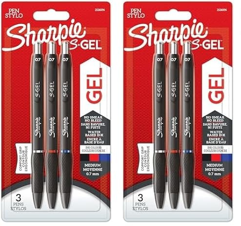 Sharpie S-Gel | Gel Pens | Medium Point (0.7mm) | Black, Red & Blue Ink | 3 Count (Pack of 2)
