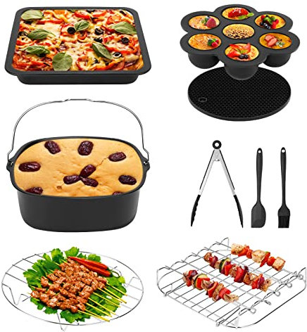 Heißluftfritteuse Zubehör 9Pcs, Airfryer Heißluftfritteuse Zubehör Passt nur für COSORI 5,5L, mit 8-Zoll-Kuchenfass, Pizzapfanne, Spießständer und Silikonmatte