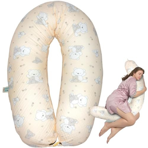 sei Design Stillkissen XXL Mikroperlen-Füllung mit Musselin-Bezug aus Baumwolle [100% Bio-Baumwolle ], Lagerungskissen Schwangerschaftskissen Seitenschläferkissen 190x35 cm groß