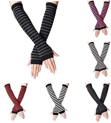 Gothic Armstulpen,6 Paare Frauen Lange Fingerlose Handschuhe Stricken Armwärmer Dehnbare Handschuhe Pulswärmer für Halloween Cosplay Karneval Verkleidung (11-Red+Pink+White+Grey+Hot Pink, One Size)