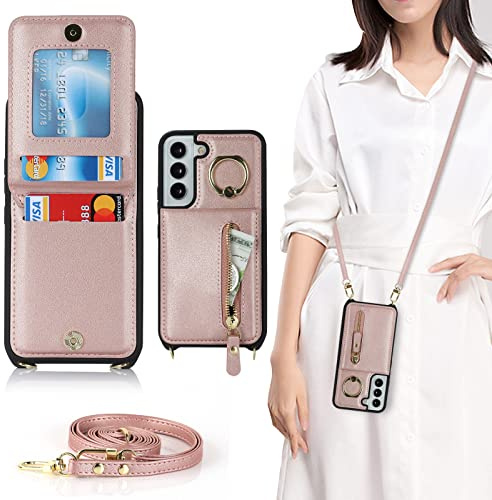CAVOR Handykette Handyhülle Kompatibel mit Samsung Galaxy S22 Hülle Mit Band,Flip Leder Geldborse Hülle,[4 Kartenfach][Mit Ring][Tasche mit Zipper‌],Handytasche zum Umhängeband - Rose Gold