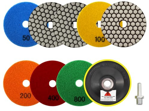 VENJELD Trockene Diamant Polierscheibe -8 Stücke Körnung 50x3/100x2/200/400/800 Polierpad 100mm mit M14 Gewinde Stützteller mit Adapter für Granit Marmor Kunststein Quarz für Winkelschleifer