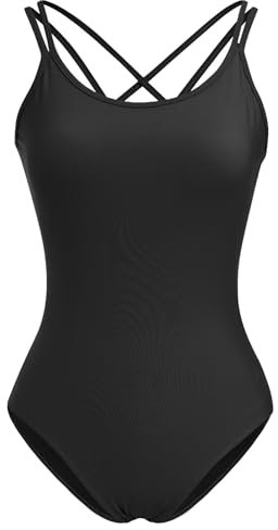 IMEKIS Damen Ballettanzug ?rmellos Ballett Tanztrikot Crisscross R?ckenfrei Gymnastik Tanzbekleidung Einteilig Tanz Bodysuit Top mit BH-Polster Schwarz L