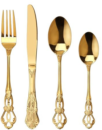SHEUMNT Set Posate 24 Pezzi Stile Retro Oro - Elegante Servizio per 6 Persone, Posate in Acciaio Inox con Finitura Antica Barocca, Set Completo con Forchette, Cucchiai e Coltelli
