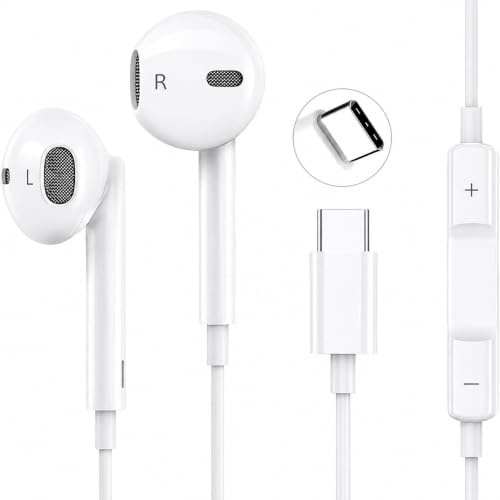 USB C Headphones For Samsung, Type-C Earphones in-Ear Wired Headphone with Mic And Volume Control, HiFi Stereo Noise Cancelling Earbuds compatible with Samsung S20 S21 S22 NOTE 10/20/21 White