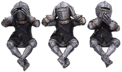 Nemesis Now DREI weise Ritter Figuren (Regalsitzer) 11 cm, Harz, Silber, See No Evil, Hear No Evil, Speak No Evil, sitzende Ritterfiguren, gegossen aus feinstem Harz, fachmännisch handbemalt