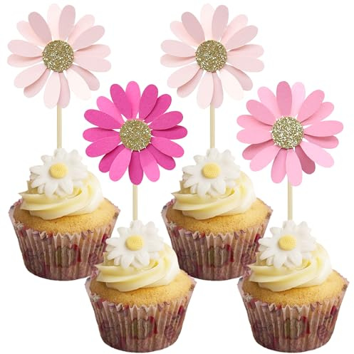24Pcs Daisy Cupcake Toppers Flower Cake Topper Decorations Daisy Cake Decorations Chrysanthemum Cupcake Toppers Spring Daisy Flower Cake Picks for Birthday Wedding Supplies Rose Red Pink