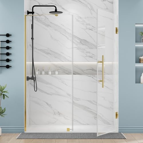 DELAVIN 58-58.5 W x 72 H Hinged Swing Shower Door, Frameless Shower Door SGCC Tempered Glass, Ultra-Clear Glass Shower Doors with Stainless Steel Hinges and Magnetic Strips, Gold