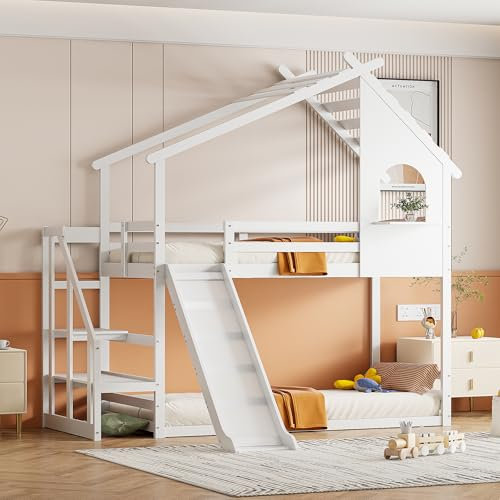 YESGIGA Kinderbett Hausbett, Niedriges Etagenbett mit Rutsche, Massivholz-Etagenbettrahmen mit Lattenrost 90 x 200 cm