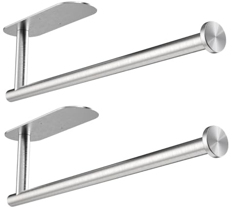 2Pack Paper Towel Holder Under Cabinet, Self-Adhesive or Drilling Kitchen Roll Holder Wall Mounted, Stainless Steel Paper Roll Holder Towel Rack for Kitchen